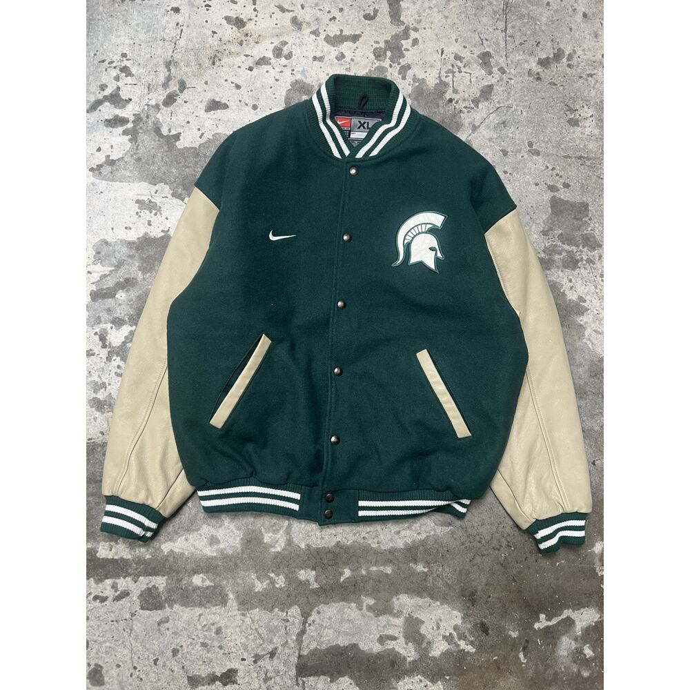 Vintage Nike Team NCAA Michigan State Spartans Letterman Jacket‎ Leather Wool XL